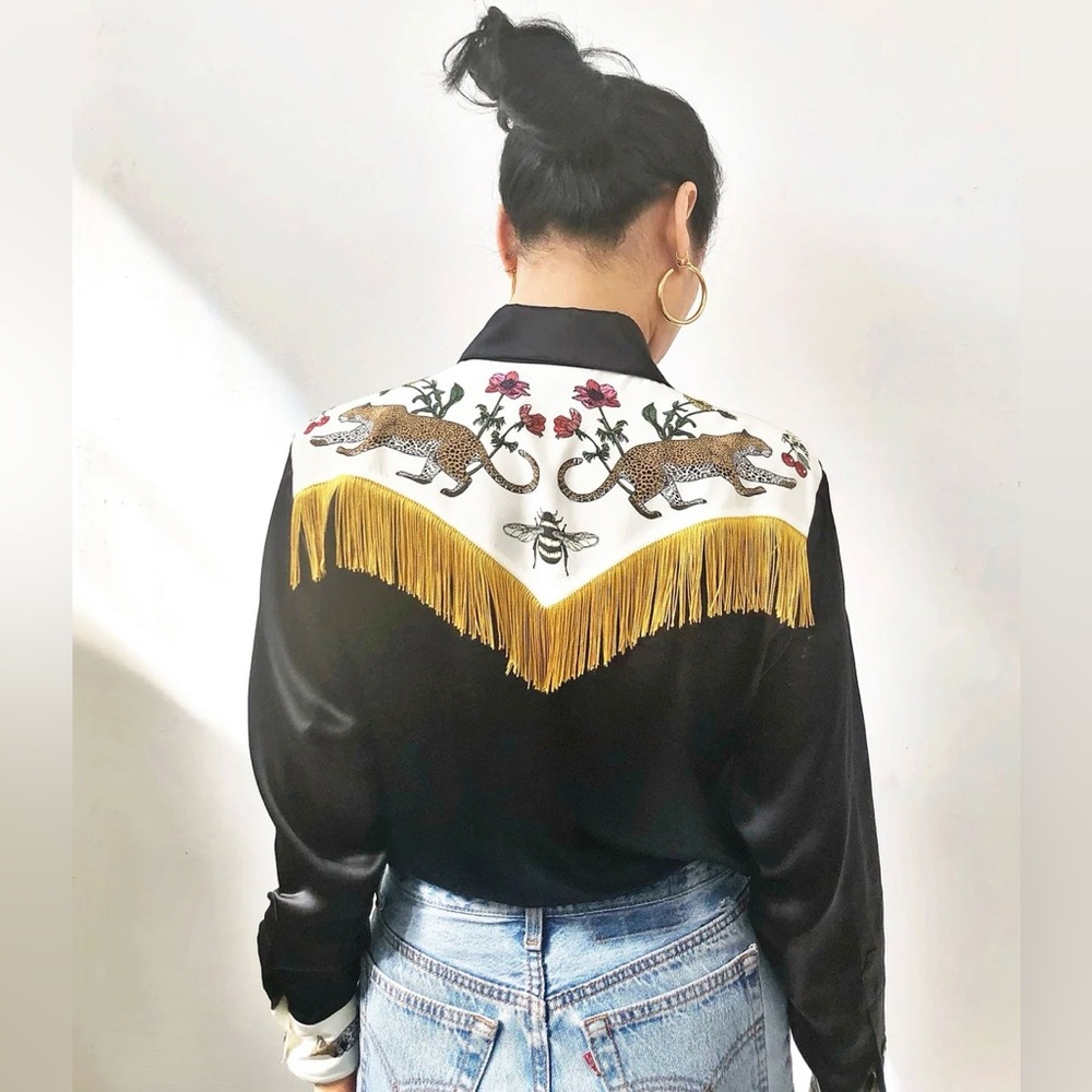 Silken Favours Western Cowboy Silk Blouse with Fringe and Leopards M